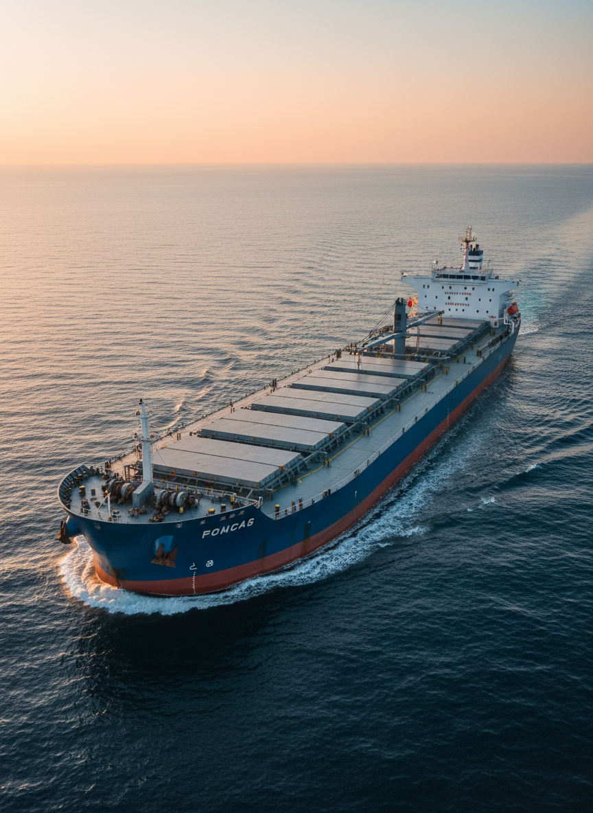 A sleek, deep-blue ocean-going bulk carrier ship viewed in photographic realism from a slightly elevated angle, cutting cleanly through calm open water. The steel hull shows subtle weathering and crisp white draft markings, while the deck is lined with neatly arranged cargo hatches. The setting is a clear horizon under soft late-afternoon light, with the sun low, casting gentle highlights along the ship’s angular lines and a reflective sheen across the sea. The mood is professional and confident, emphasizing stability and scale. Composition follows the rule of thirds, with the vessel diagonally framed across the image, sharp focus throughout and a minimal, uncluttered background to convey precision, reliability, and global maritime reach.