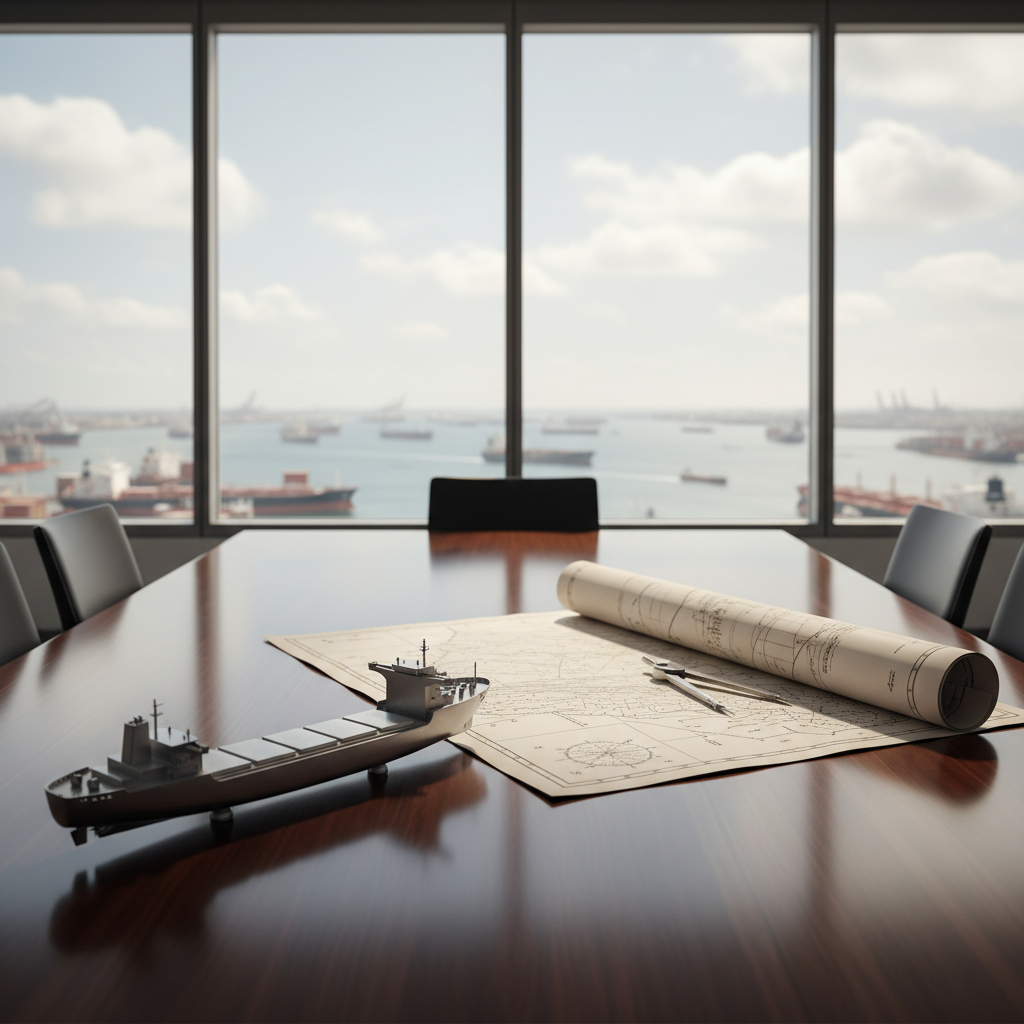 A polished, dark wood conference table in a modern maritime consulting office, photographed at eye level, with a large floor-to-ceiling window revealing a distant harbor filled with container ships and tankers in soft focus. On the table rests a detailed nautical chart, a metal compass divider, and a brushed steel model bulk carrier ship with crisp lines and a matte finish. Diffused daylight streams through the window, casting controlled, soft shadows and subtle reflections on the table’s glossy surface. The atmosphere is strategic and composed, suggesting high-level decision making. The composition uses asymmetrical balance, with the ship model in the foreground in sharp focus and the port outside slightly blurred, creating depth and a clean, modern professional aesthetic.
