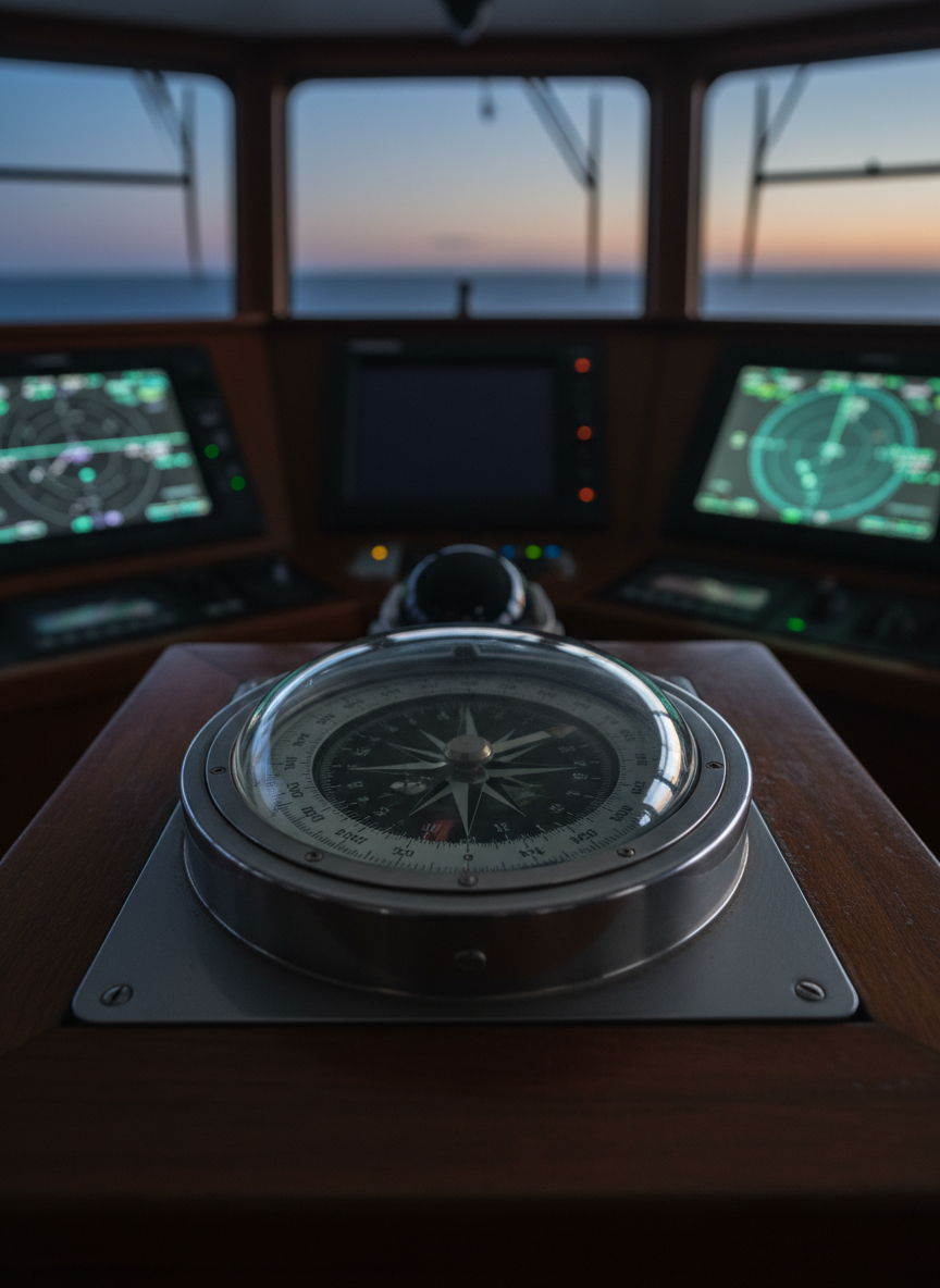 A close-up photographic realism image of a large, brushed-metal ship’s compass embedded in a dark teak bridge console, its precise markings and polished glass dome rendered in crisp detail. Around it, segments of electronic navigation displays and radar screens glow softly in cool blues and greens, slightly out of focus. The setting is a dimly lit ship’s bridge at dusk, with a faint strip of horizon visible through forward windows, tinted with the last light of day. Controlled, low-key lighting creates subtle highlights on metal edges and gentle reflections on the compass glass. The mood is analytical and focused, suggesting accurate guidance and risk management. Shot from a slightly angled top-down perspective with shallow depth of field, emphasizing clarity, precision, and technical expertise.