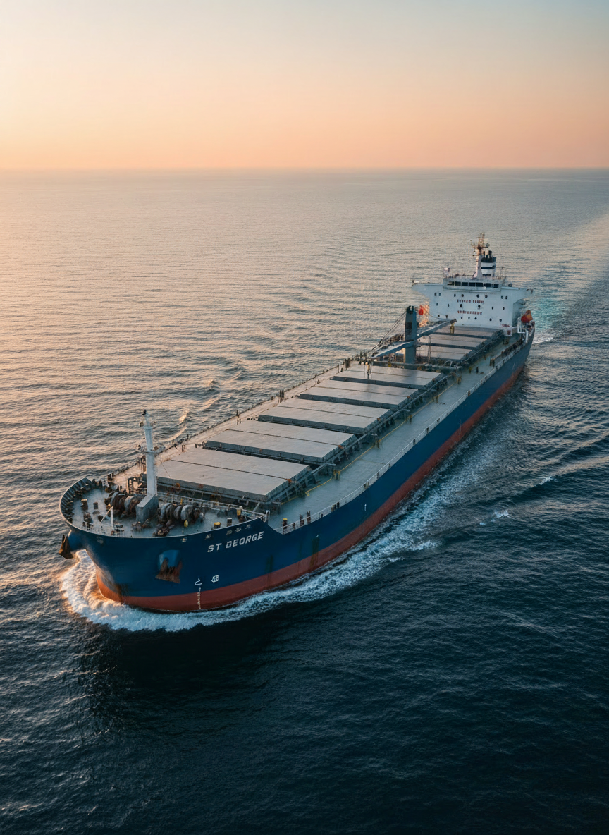 Edit the existing image of the sleek, deep-blue ocean-going bulk carrier ship so that the vessel name painted on the hull reads "St George" in clear, professional white maritime lettering. Keep the same realistic photographic style, lighting, angle, ocean setting, and overall composition. Only update the ship name on the hull to "St George" while preserving all other details.
